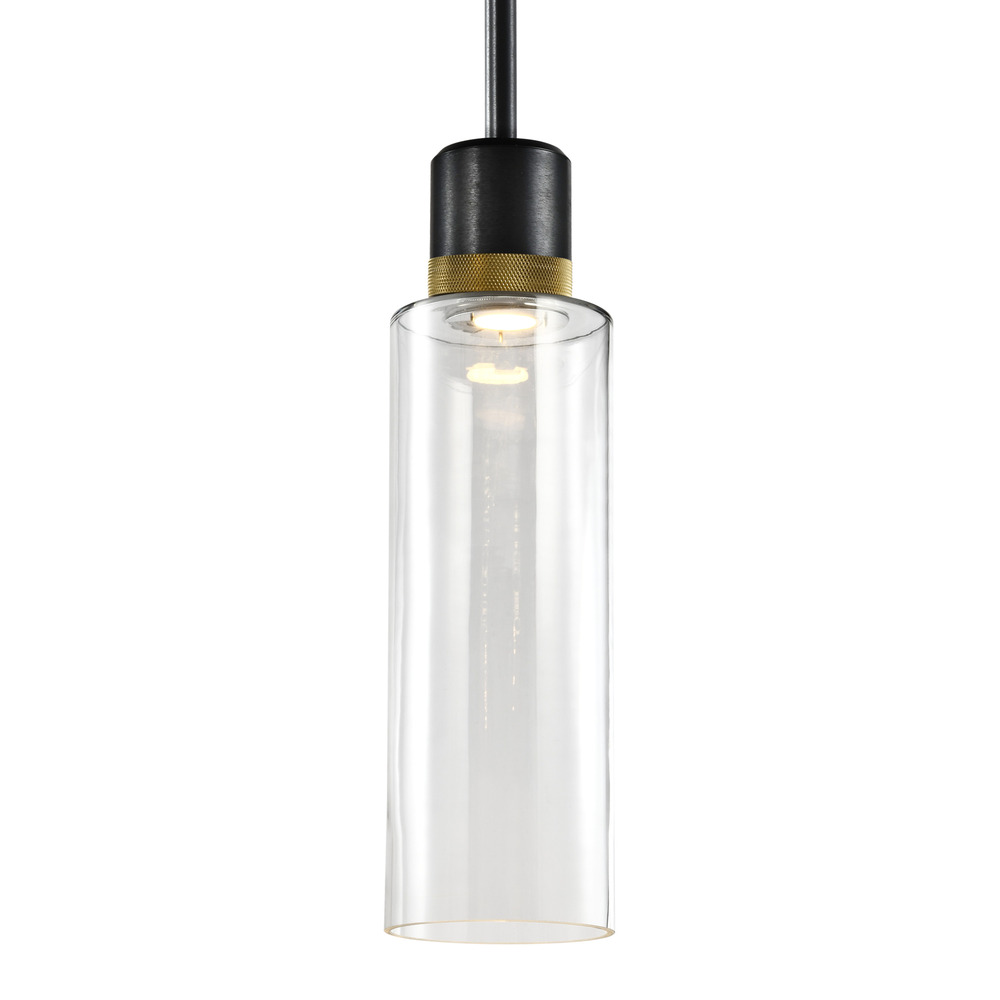 6&#34; LED 3CCT Cylindrical Drum Pendant Light, 18&#34; Clear Glass and Satin Brushed Black with Bra