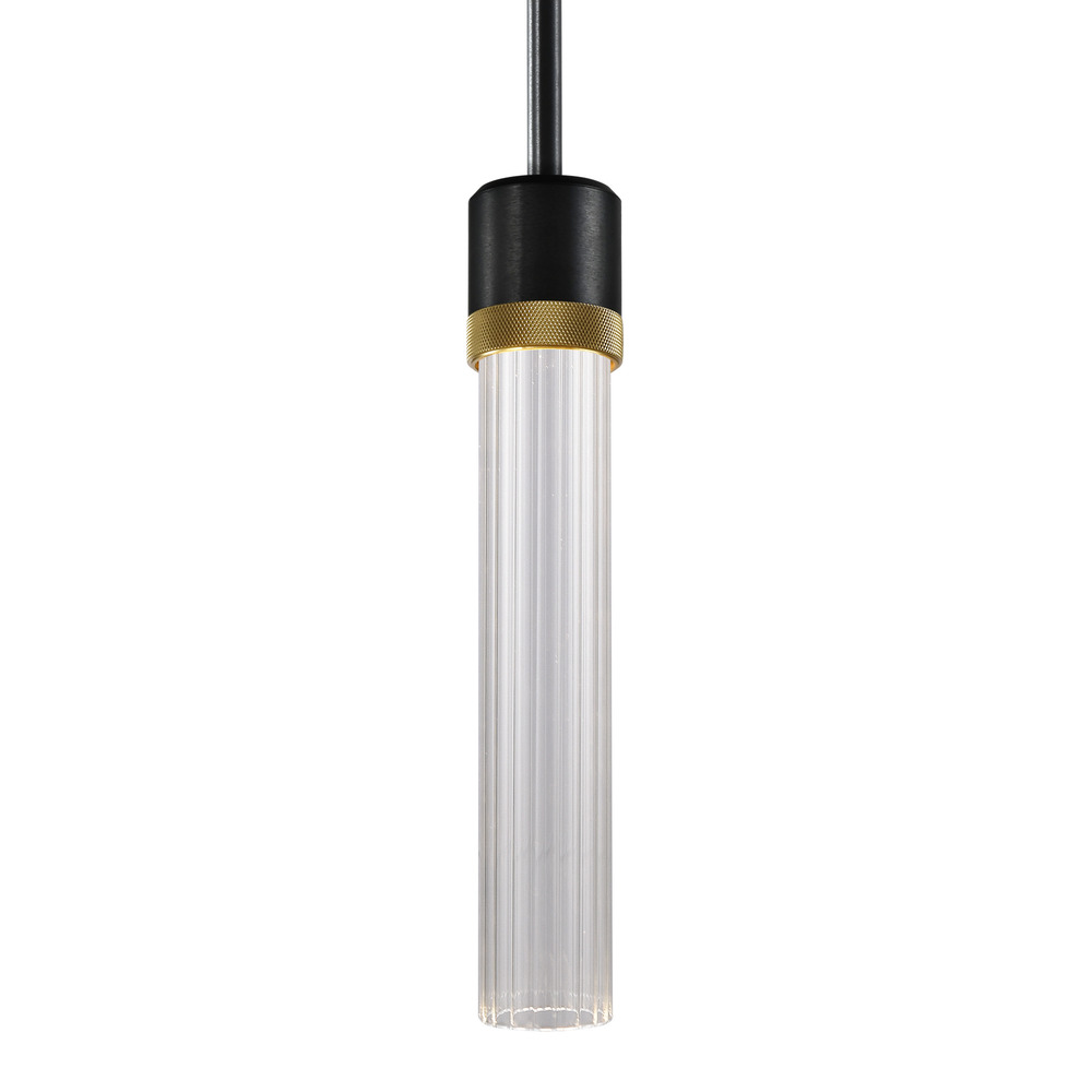 3&#34; LED 3CCT Cylindrical Pendant Light, 12&#34; Fluted Glass and Satin Brushed Black with Brass F