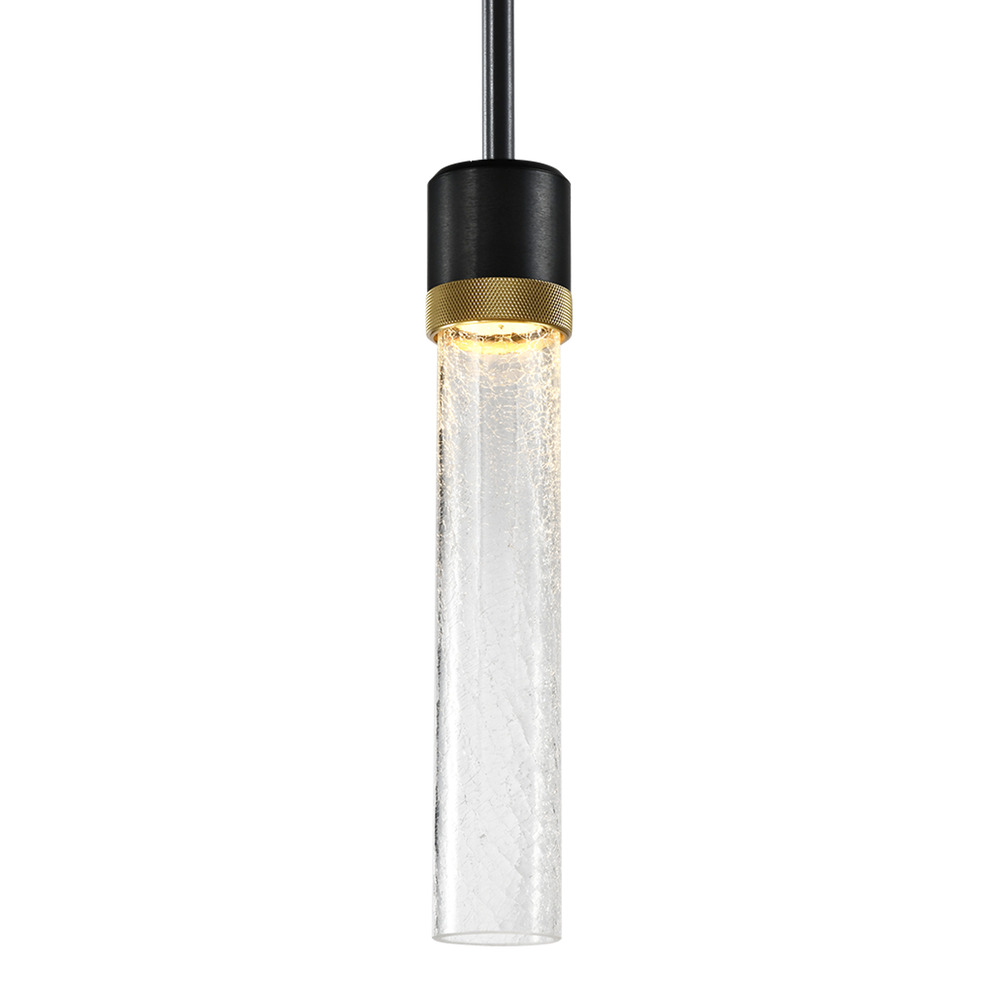 3&#34; LED 3CCT Cylindrical Pendant Light, 12&#34; Crackled Glass and Satin Brushed Black with Brass