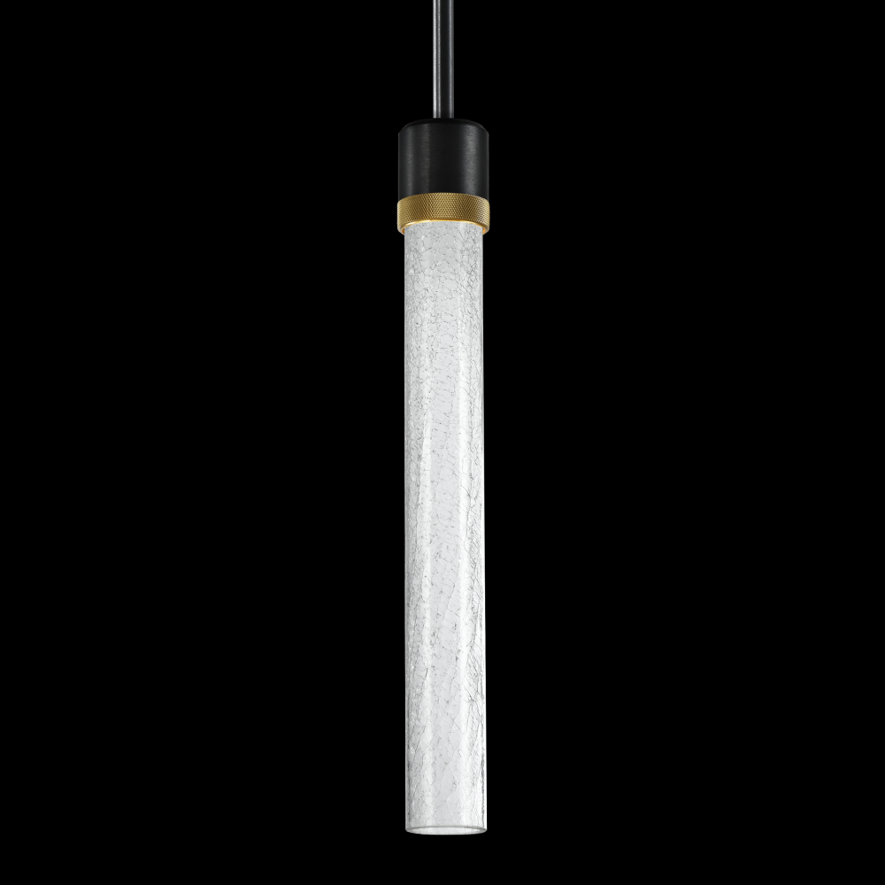 3&#34; LED 3CCT Cylindrical Pendant Light, 18&#34; Crackled Glass and Satin Brushed Black with Brass