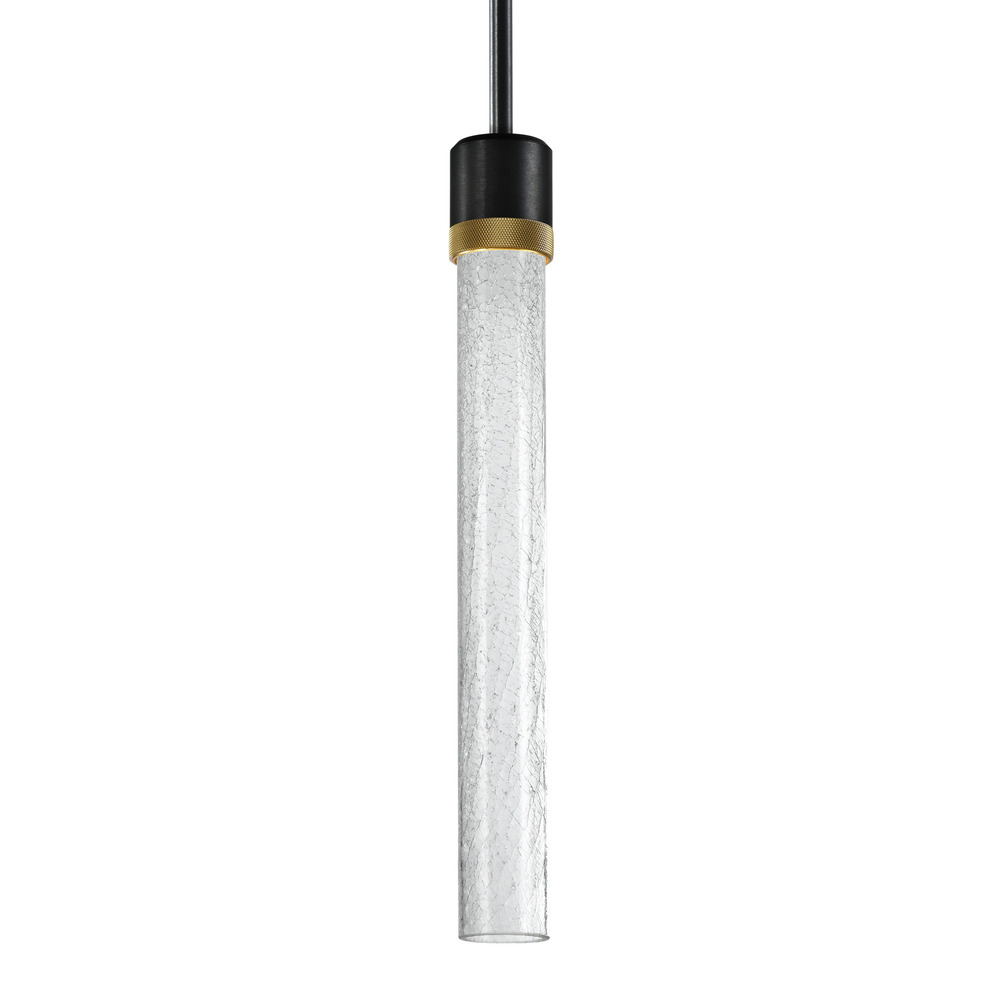 3&#34; LED 3CCT Cylindrical Pendant Light, 18&#34; Crackled Glass and Satin Brushed Black with Brass