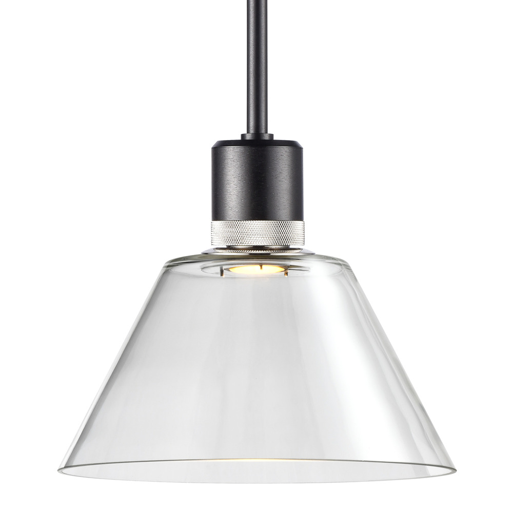 12&#34; LED 3CCT Clear Cone Glass Pendant Light and Satin Brushed Black with Nickel Metal Finish