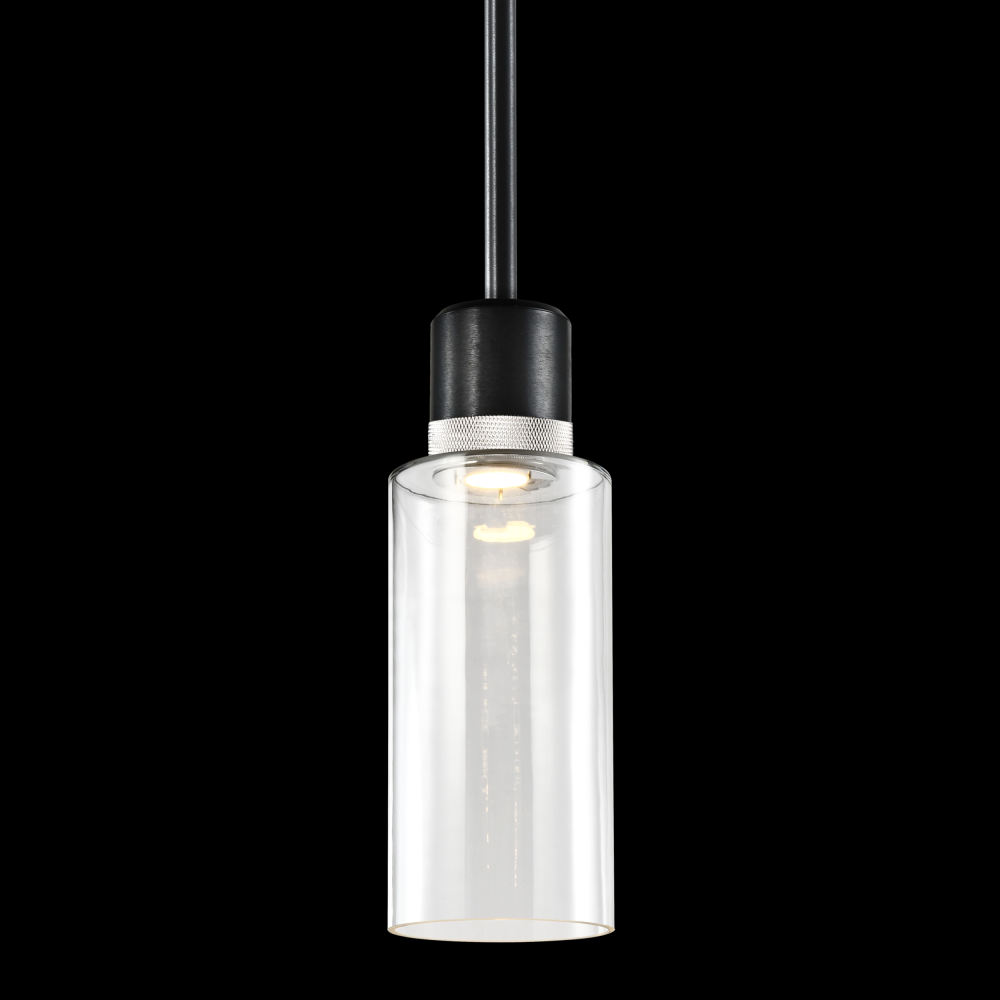 6&#34; LED 3CCT Cylindrical Drum Pendant Light, 12&#34; Clear Glass and Satin Brushed Black with Nic