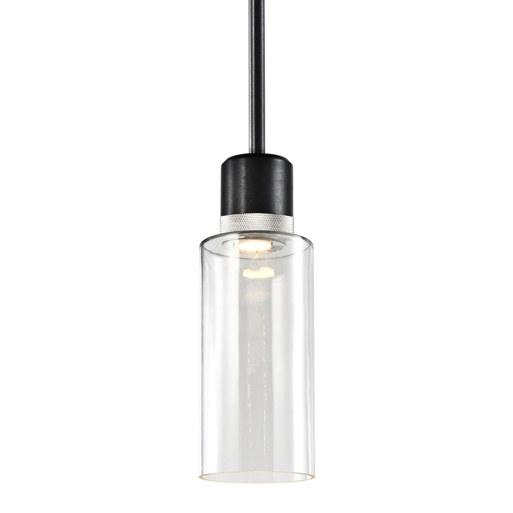 6&#34; LED 3CCT Cylindrical Drum Pendant Light, 12&#34; Clear Glass and Satin Brushed Black with Nic