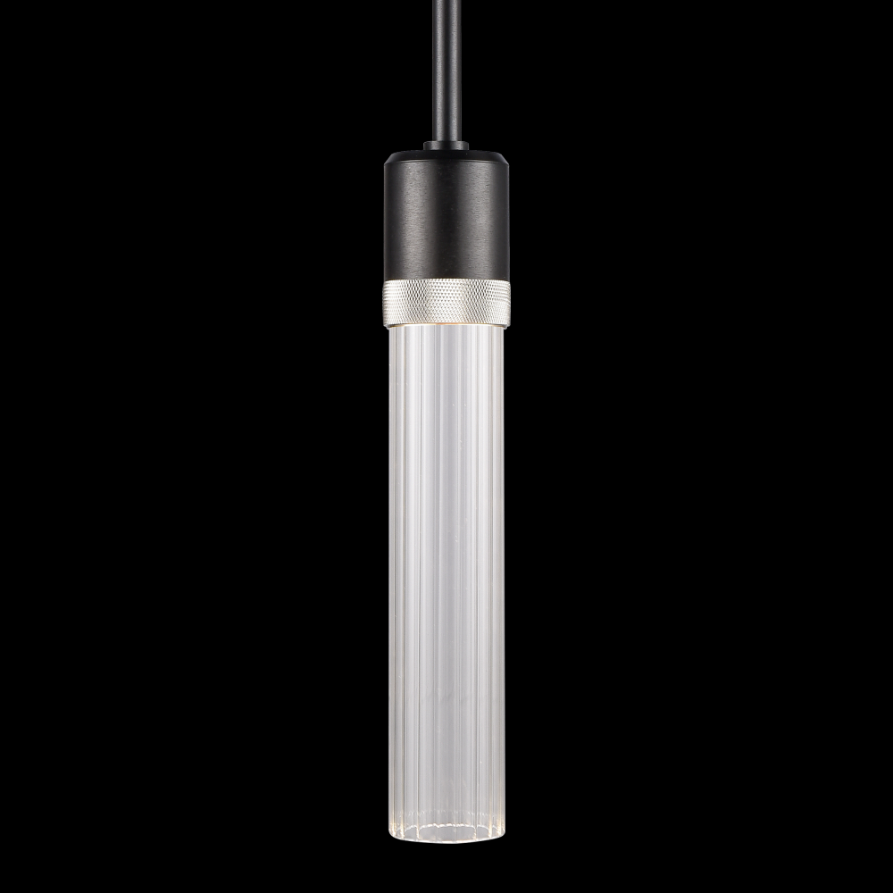 3&#34; LED 3CCT Cylindrical Pendant Light, 12&#34; Fluted Glass and Satin Brushed Black with Nickel