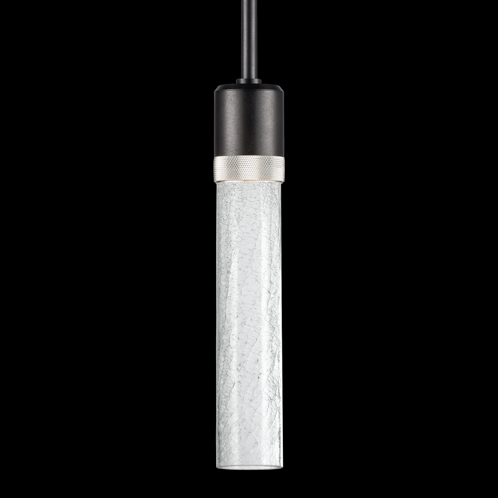 3&#34; LED 3CCT Cylindrical Pendant Light, 12&#34; Crackled Glass and Satin Brushed Black with Nicke