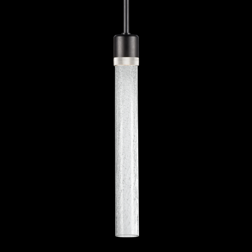 3&#34; LED 3CCT Cylindrical Pendant Light, 18&#34; Crackled Glass and Satin Brushed Black with Nicke