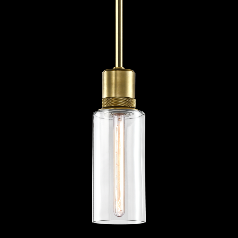 6&#34; E26 Cylindrical Drum Pendant Light, 12&#34; Clear Glass and Aged Brass Metal Finish