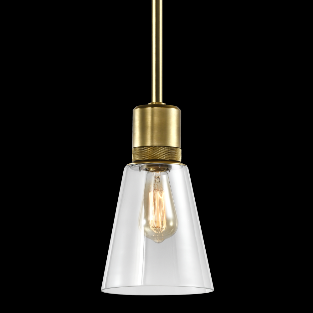 7&#34; E26 Clear Bell Glass Pendant Light, Aged Brass Metal Finish