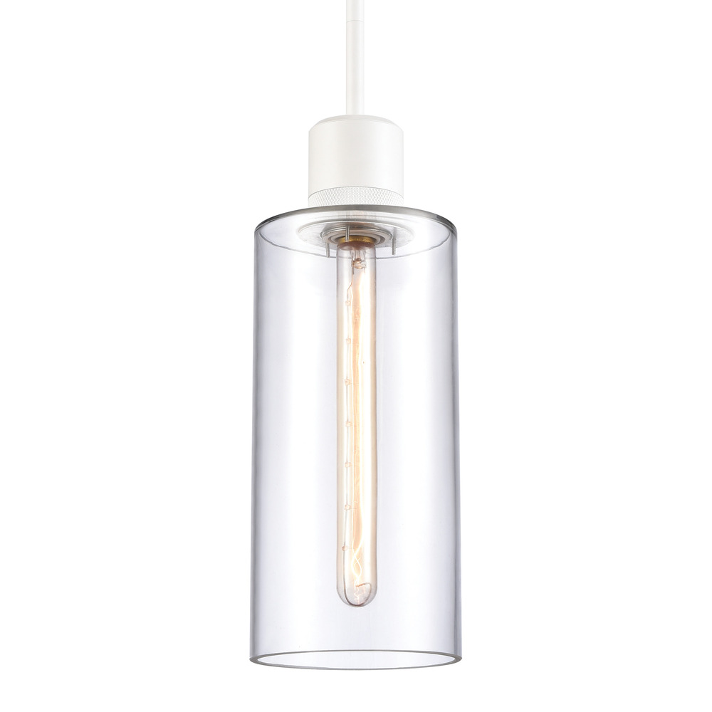 6&#34; E26 Cylindrical Drum Pendant Light, 12&#34; Clear Glass and Matte White Metal Finish