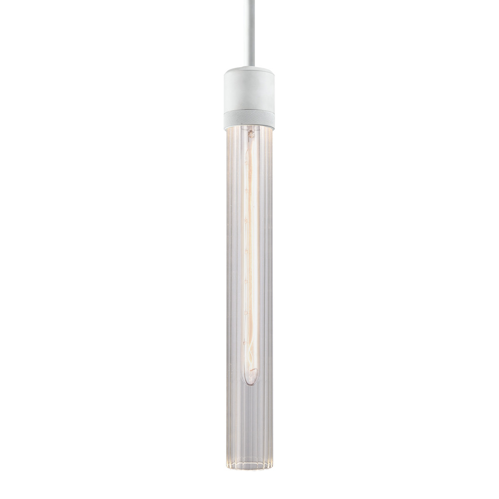 3&#34; E26 Cylindrical Pendant Light, 18&#34; Fluted Glass and Matte White Finish