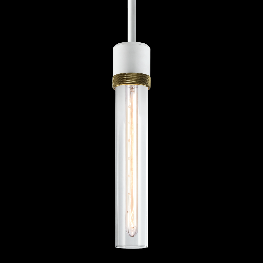 3&#34; E26 Cylindrical Pendant Light, 12&#34; Clear Glass and Matte White with Brass Finish