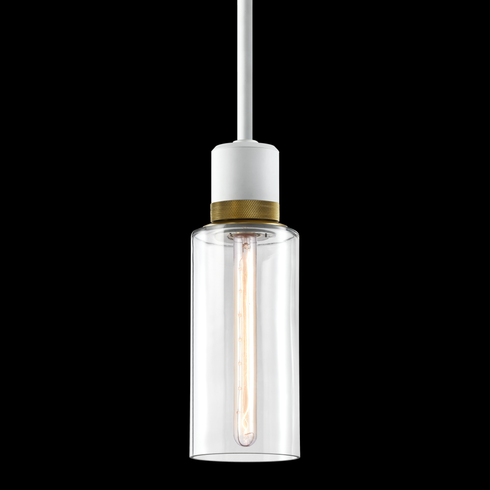 6&#34; E26 Cylindrical Drum Pendant Light, 12&#34; Clear Glass and Matte White with Brass Metal Fini