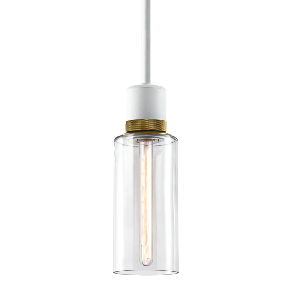 6&#34; E26 Cylindrical Drum Pendant Light, 12&#34; Clear Glass and Matte White with Brass Metal Fini