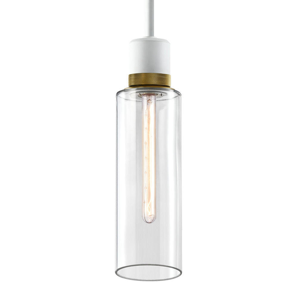 6&#34; E26 Cylindrical Drum Pendant Light, 18&#34; Clear Glass and Matte White with Brass Metal Fini