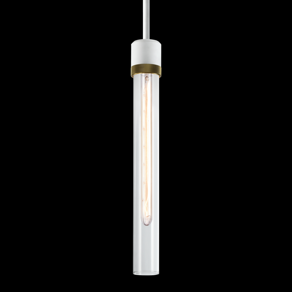 3&#34; E26 Cylindrical Pendant Light, 18&#34; Clear Glass and Matte White with Brass Finish