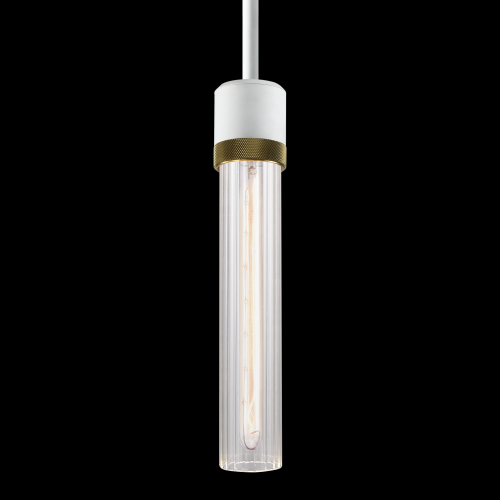 3&#34; E26 Cylindrical Pendant Light, 12&#34; Fluted Glass and Matte White with Brass Finish
