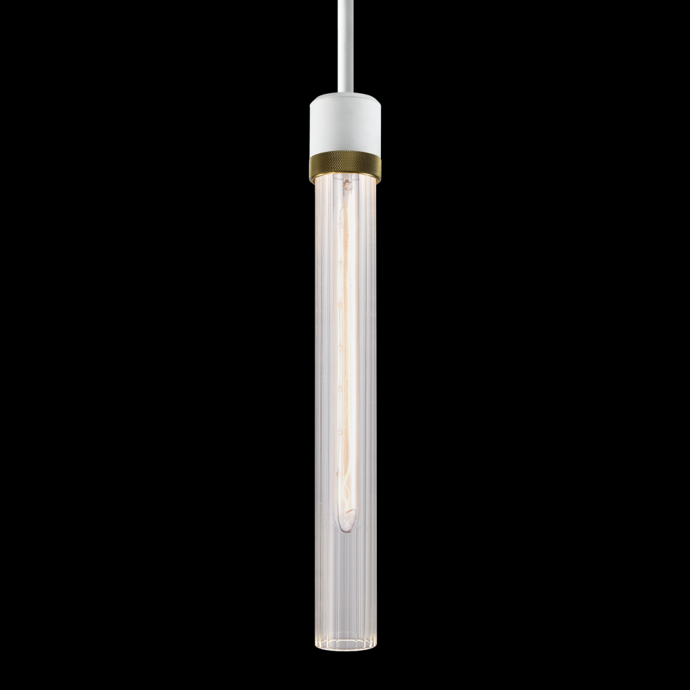 3&#34; E26 Cylindrical Pendant Light, 18&#34; Fluted Glass and Matte White with Brass Finish