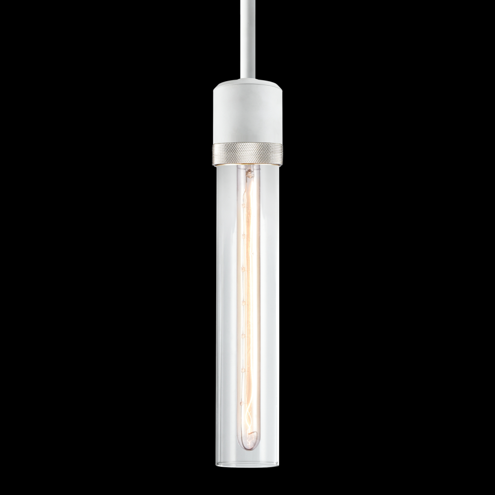 3&#34; E26 Cylindrical Pendant Light, 12&#34; Clear Glass and Matte White with Nickel Finish