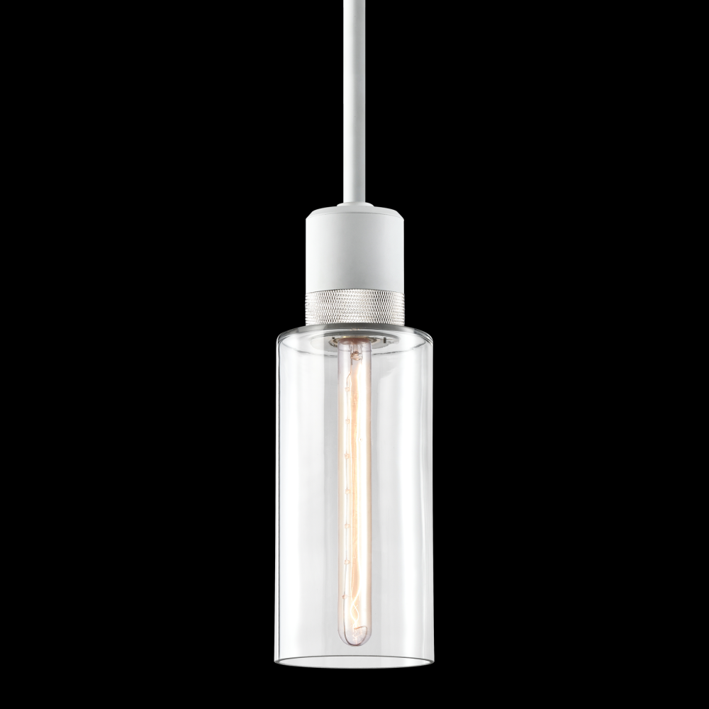 6&#34; E26 Cylindrical Drum Pendant Light, 12&#34; Clear Glass and Matte White with Nickel Metal Fin