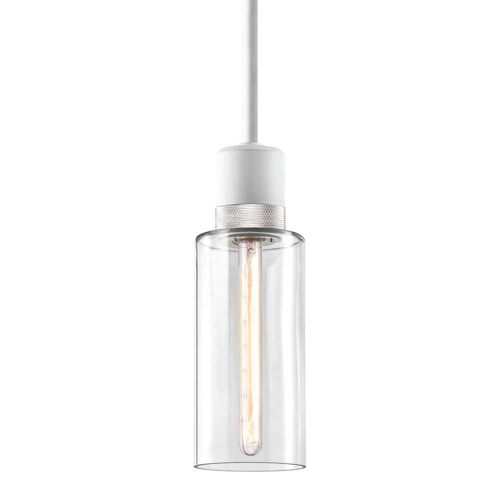 6&#34; E26 Cylindrical Drum Pendant Light, 12&#34; Clear Glass and Matte White with Nickel Metal Fin