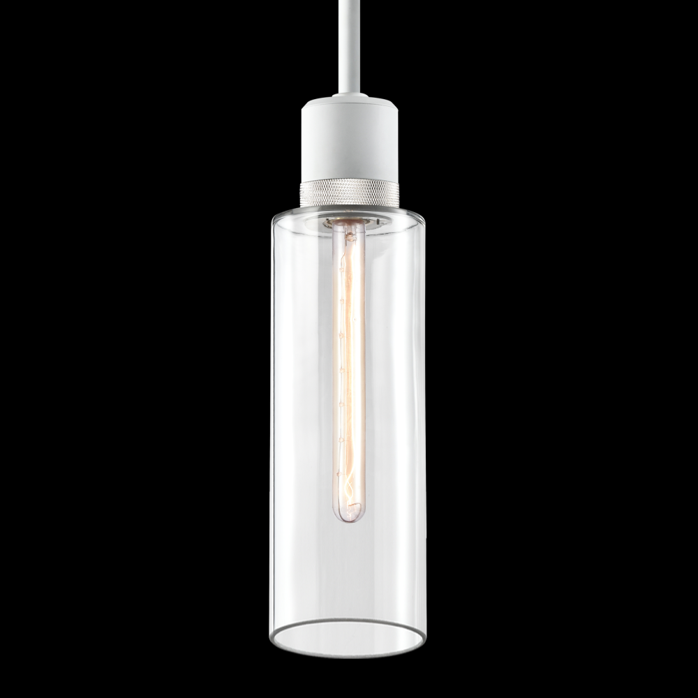 6&#34; E26 Cylindrical Drum Pendant Light, 18&#34; Clear Glass and Matte White with Nickel Metal Fin