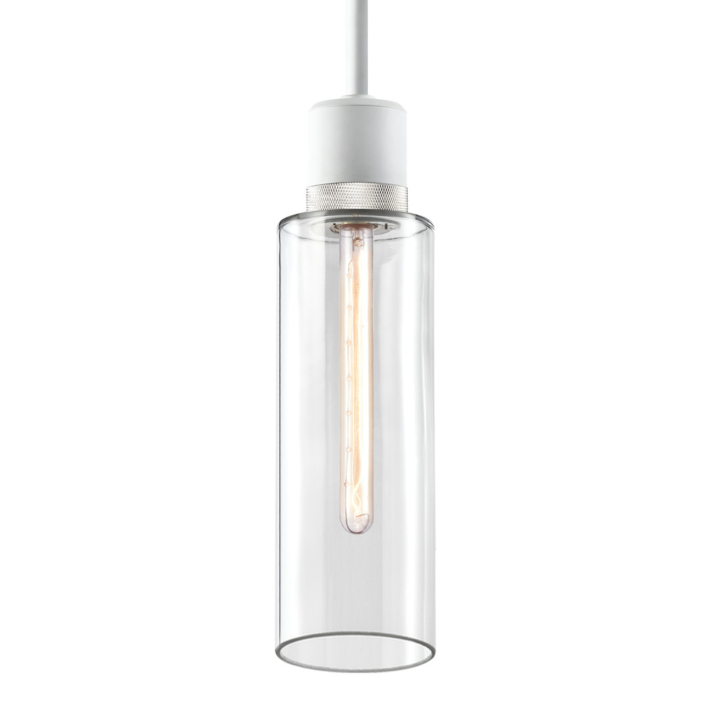 6&#34; E26 Cylindrical Drum Pendant Light, 18&#34; Clear Glass and Matte White with Nickel Metal Fin