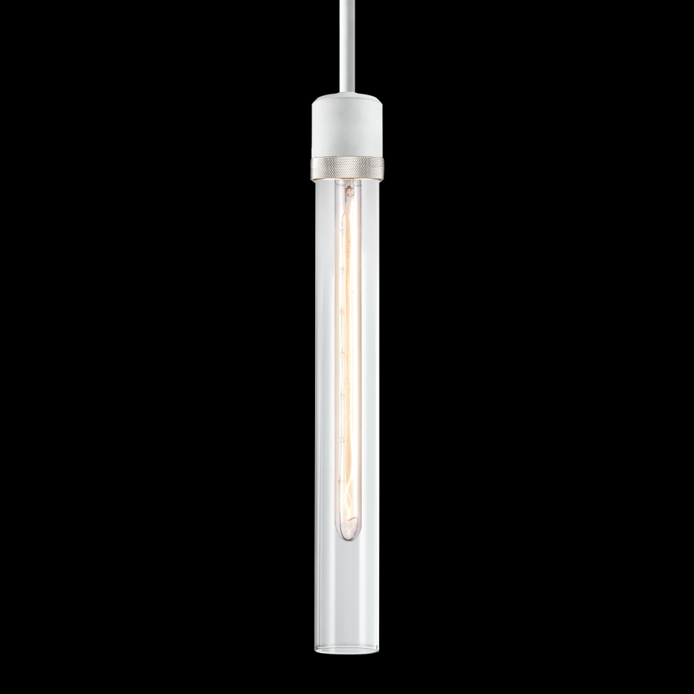 3&#34; E26 Cylindrical Pendant Light, 18&#34; Clear Glass and Matte White with Nickel Finish
