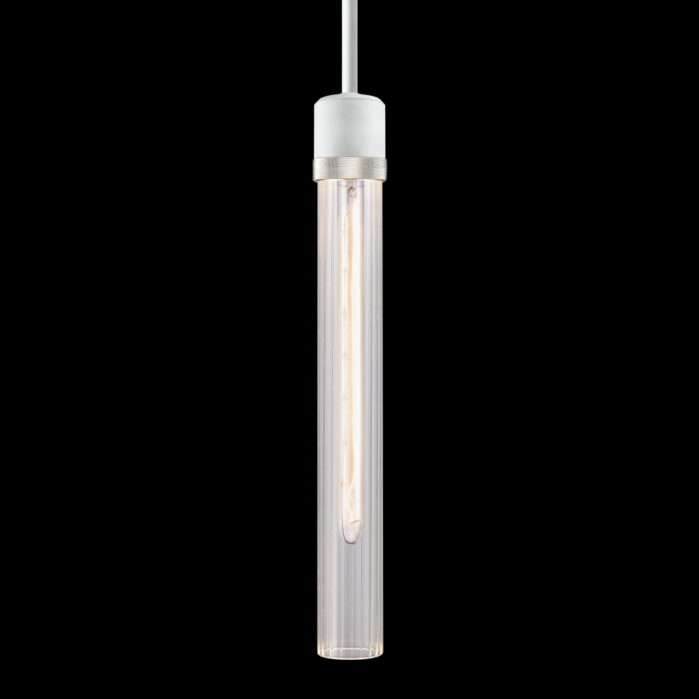 3&#34; E26 Cylindrical Pendant Light, 18&#34; Fluted Glass and Matte White with Nickel Finish