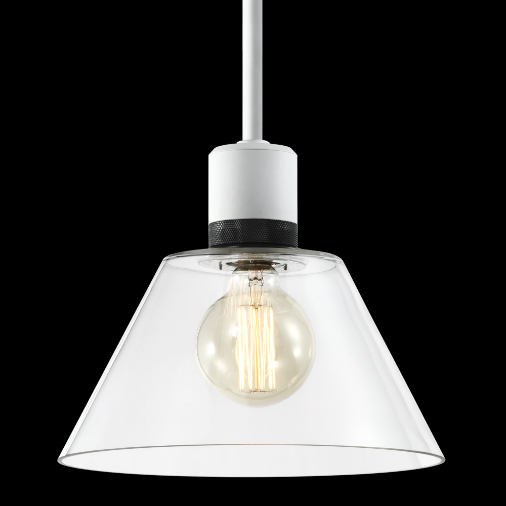12&#34; E26 Clear Cone Glass Pendant Light and Matte White with Black Metal Finish