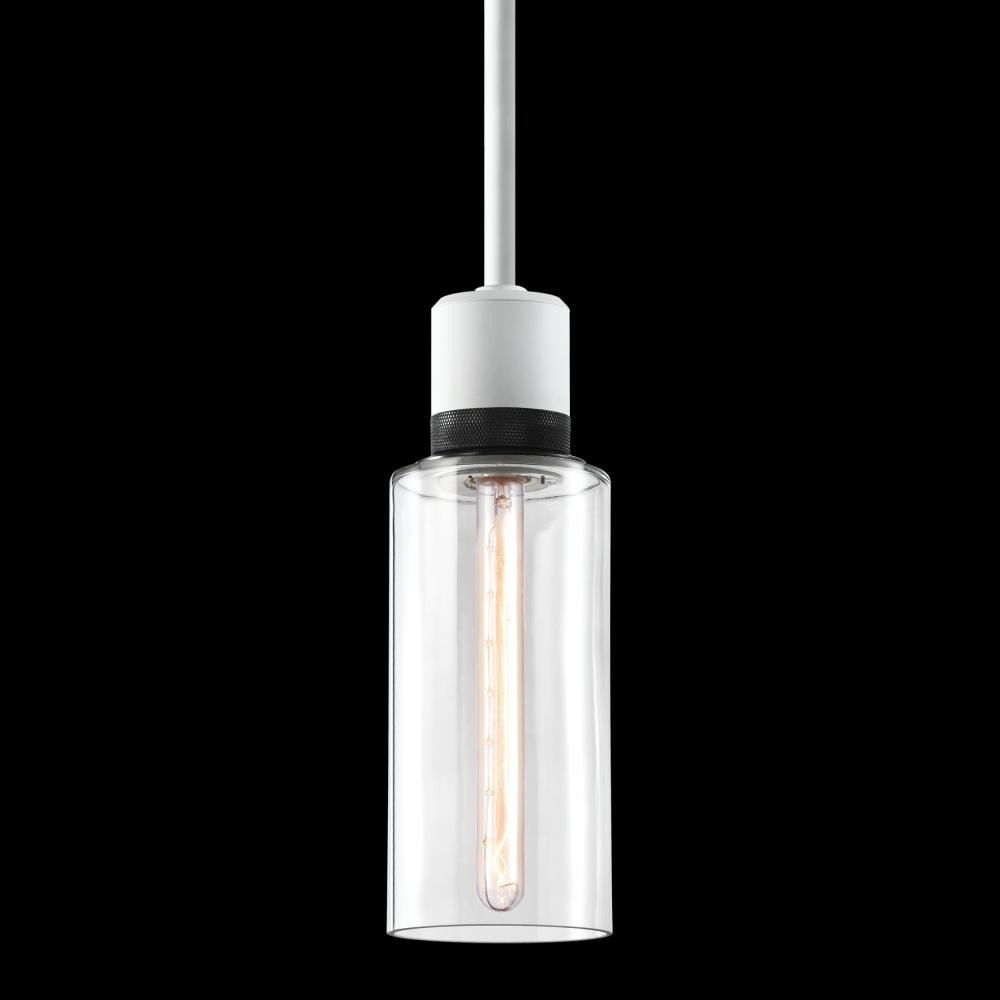 6&#34; E26 Cylindrical Drum Pendant Light, 12&#34; Clear Glass and Matte White with Black Metal Fini