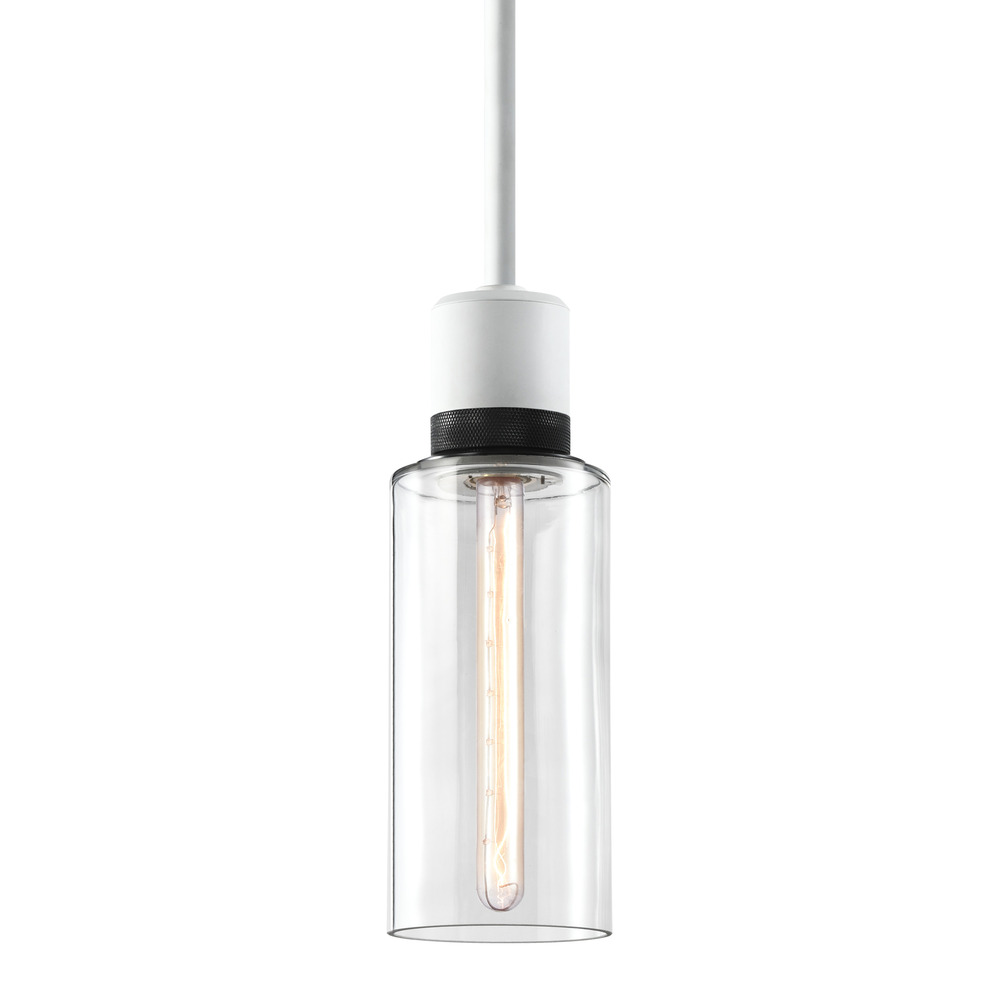 6&#34; E26 Cylindrical Drum Pendant Light, 12&#34; Clear Glass and Matte White with Black Metal Fini