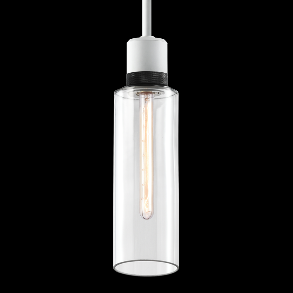 6&#34; E26 Cylindrical Drum Pendant Light, 18&#34; Clear Glass and Matte White with Black Metal Fini