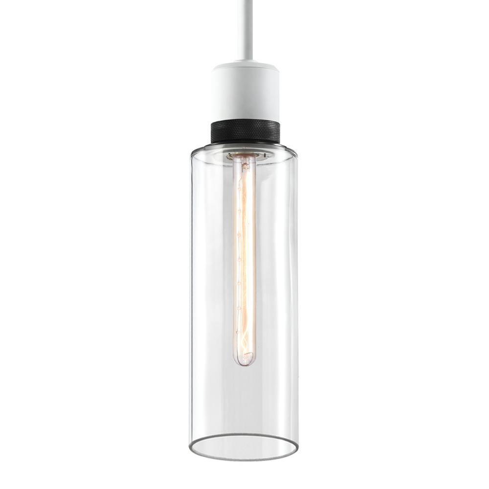 6&#34; E26 Cylindrical Drum Pendant Light, 18&#34; Clear Glass and Matte White with Black Metal Fini