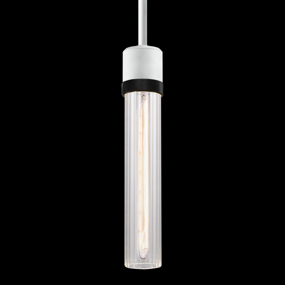 3&#34; E26 Cylindrical Pendant Light, 12&#34; Fluted Glass and Matte White with Black Finish