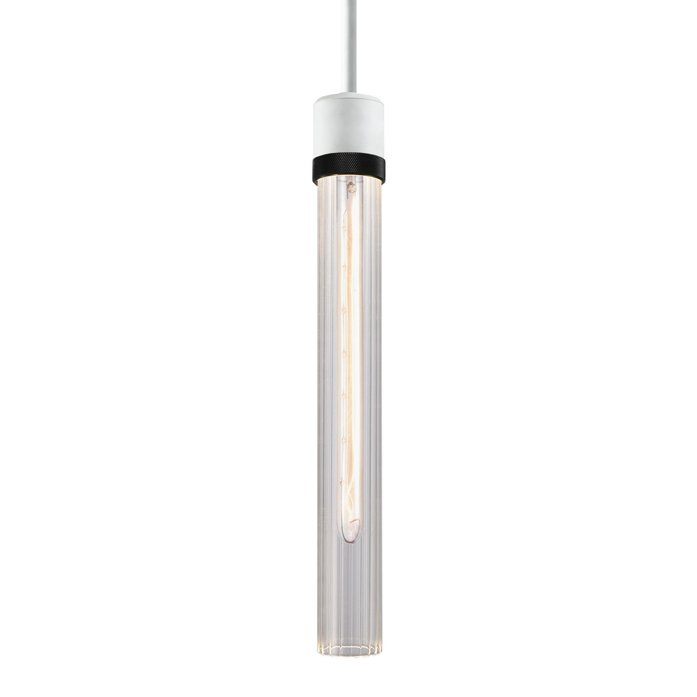 3&#34; E26 Cylindrical Pendant Light, 18&#34; Fluted Glass and Matte White with Black Finish