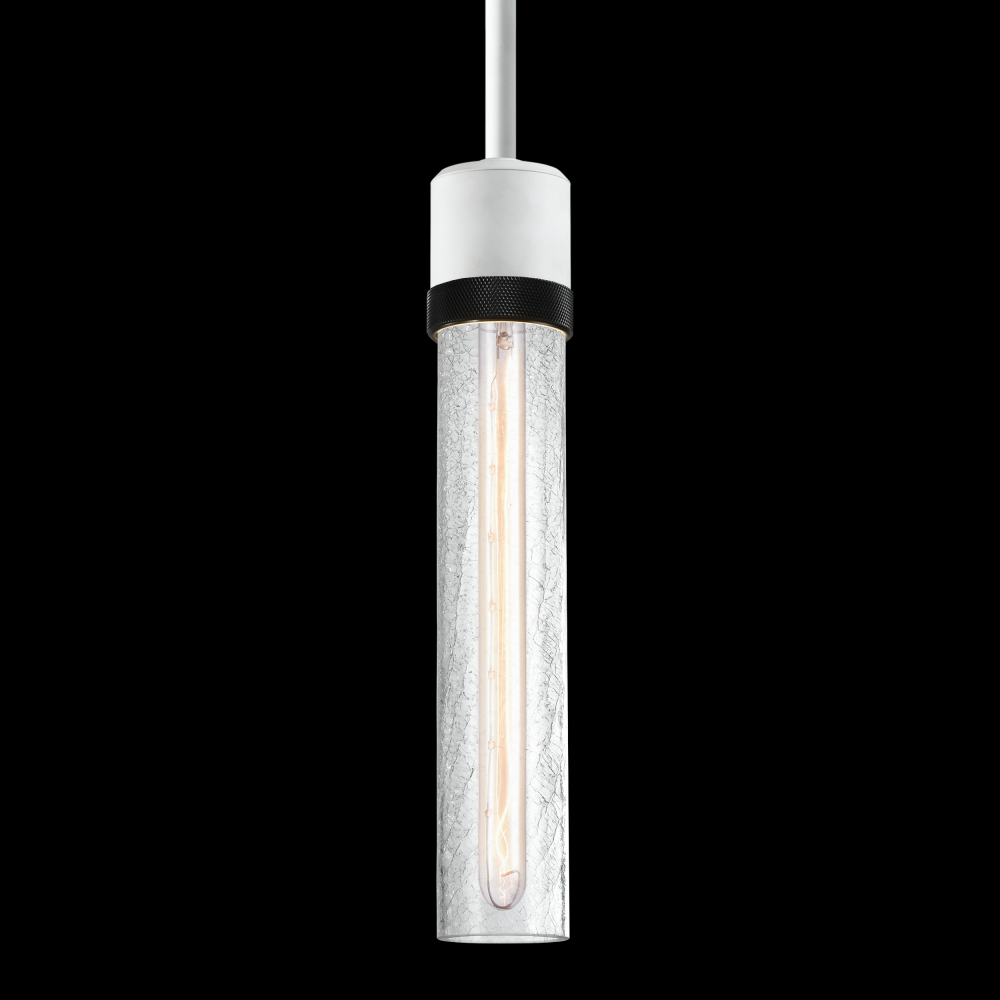 3&#34; E26 Cylindrical Pendant Light, 12&#34; Crackled Glass and Matte White with Black Finish