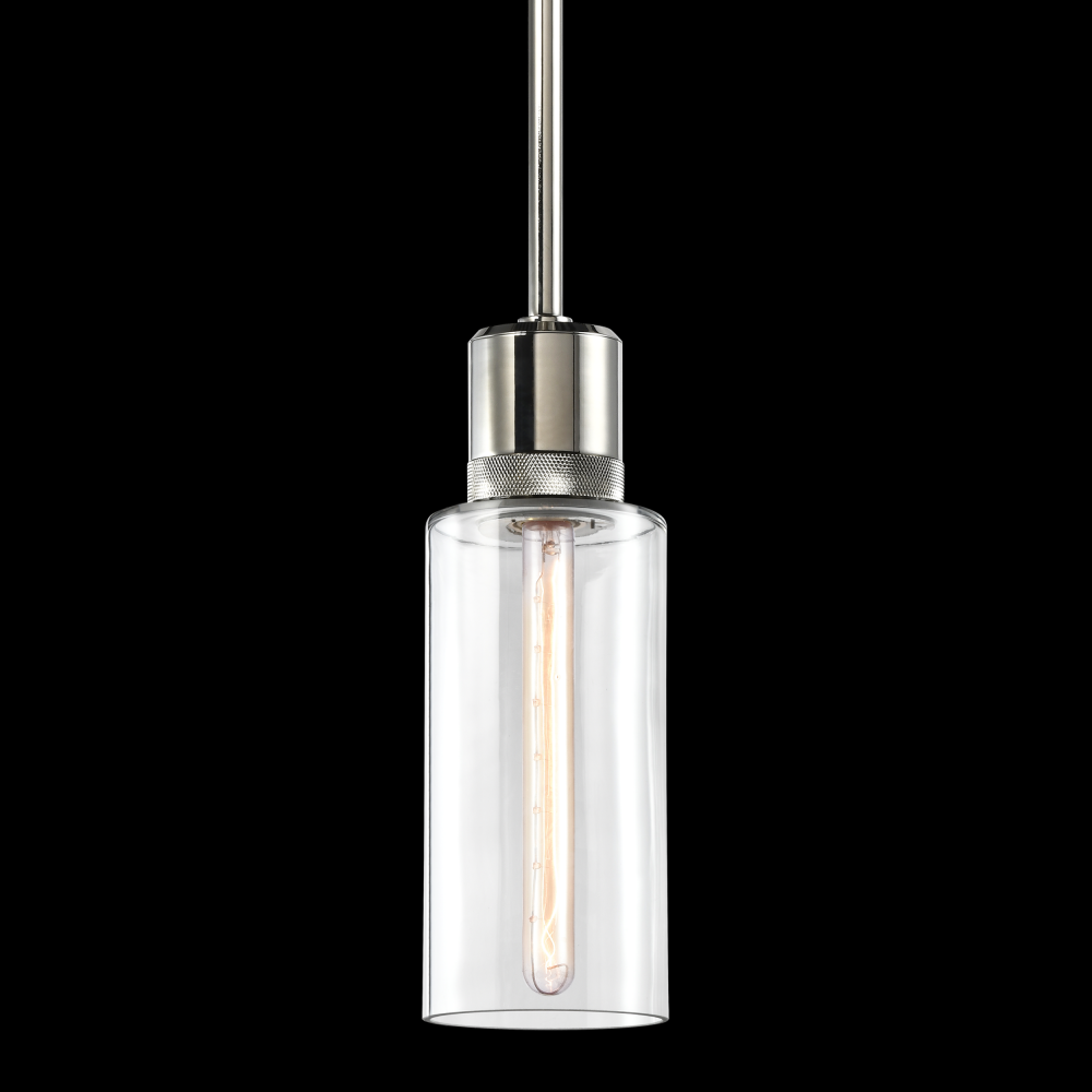 6&#34; E26 Cylindrical Drum Pendant Light, 12&#34; Clear Glass and Polished Nickel Metal Finish