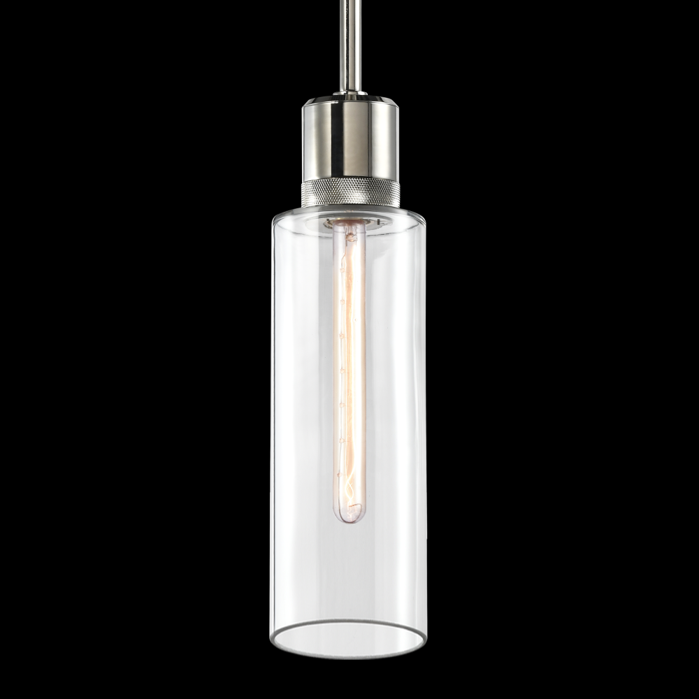 6&#34; E26 Cylindrical Drum Pendant Light, 18&#34; Clear Glass and Polished Nickel Metal Finish