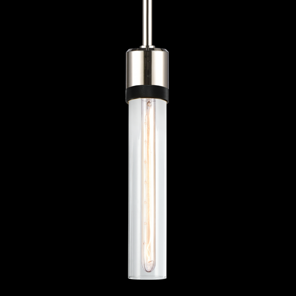 3&#34; E26 Cylindrical Pendant Light, 12&#34; Clear Glass and Polished Nickel with Black Finish