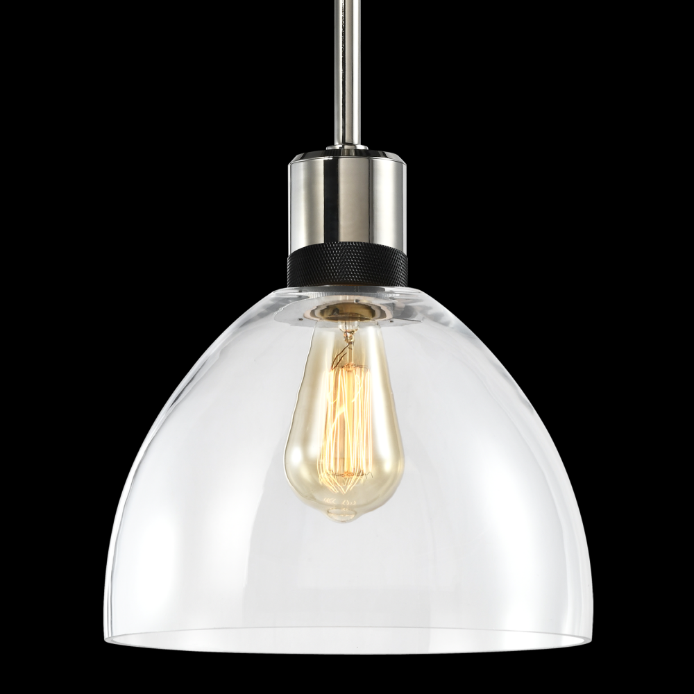 10&#34; E26 Clear Dome Glass Pendant Light and Polished Nickel with Black Metal Finish