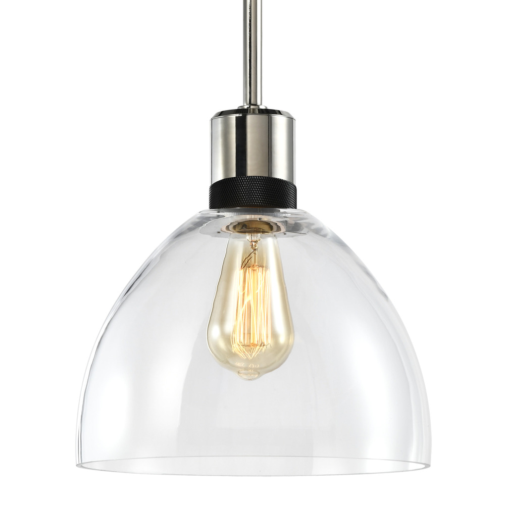 10&#34; E26 Clear Dome Glass Pendant Light and Polished Nickel with Black Metal Finish