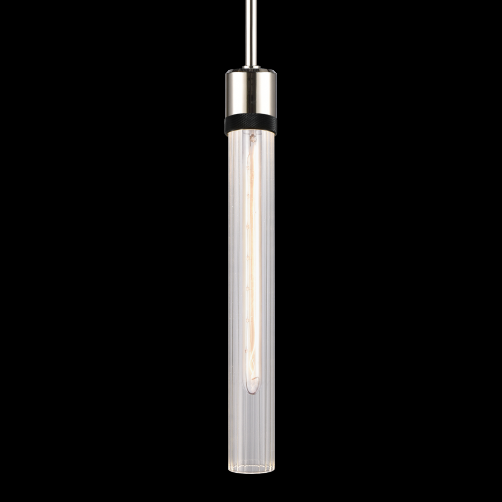 3&#34; E26 Cylindrical Pendant Light, 18&#34; Fluted Glass and Polished Nickel with Black Finish