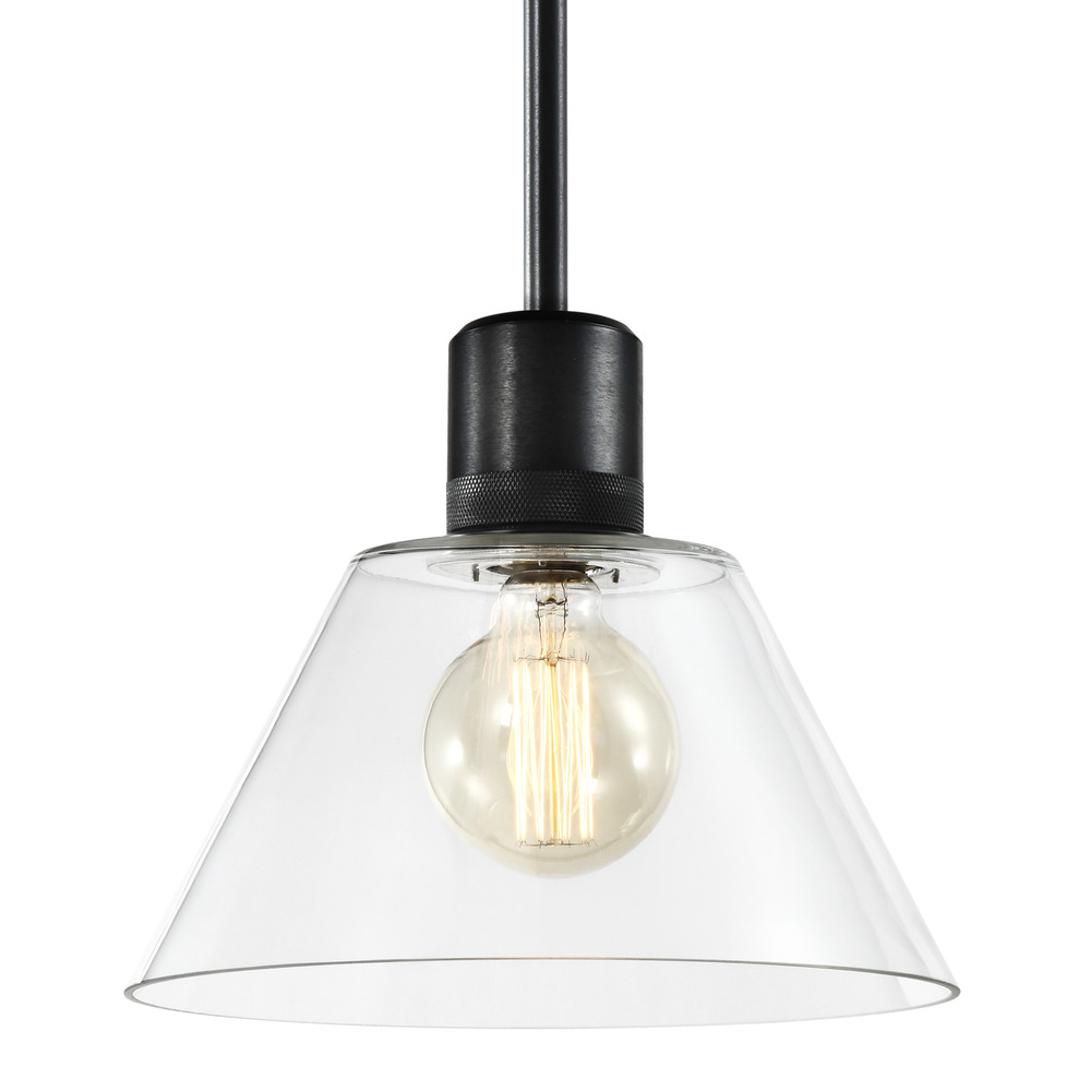 12&#34; E26 Clear Cone Glass Pendant Light and Satin Brushed Black Metal Finish