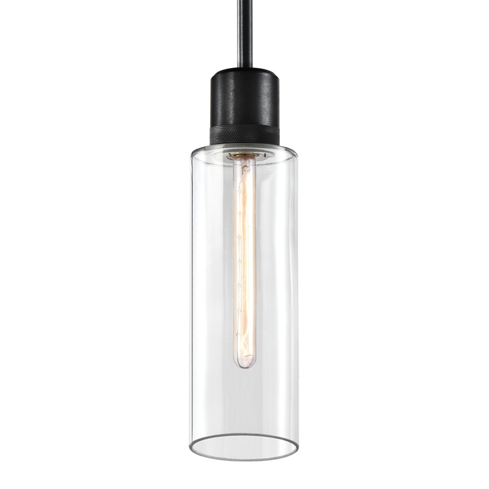 6&#34; E26 Cylindrical Drum Pendant Light, 18&#34; Clear Glass and Satin Brushed Black Metal Finish