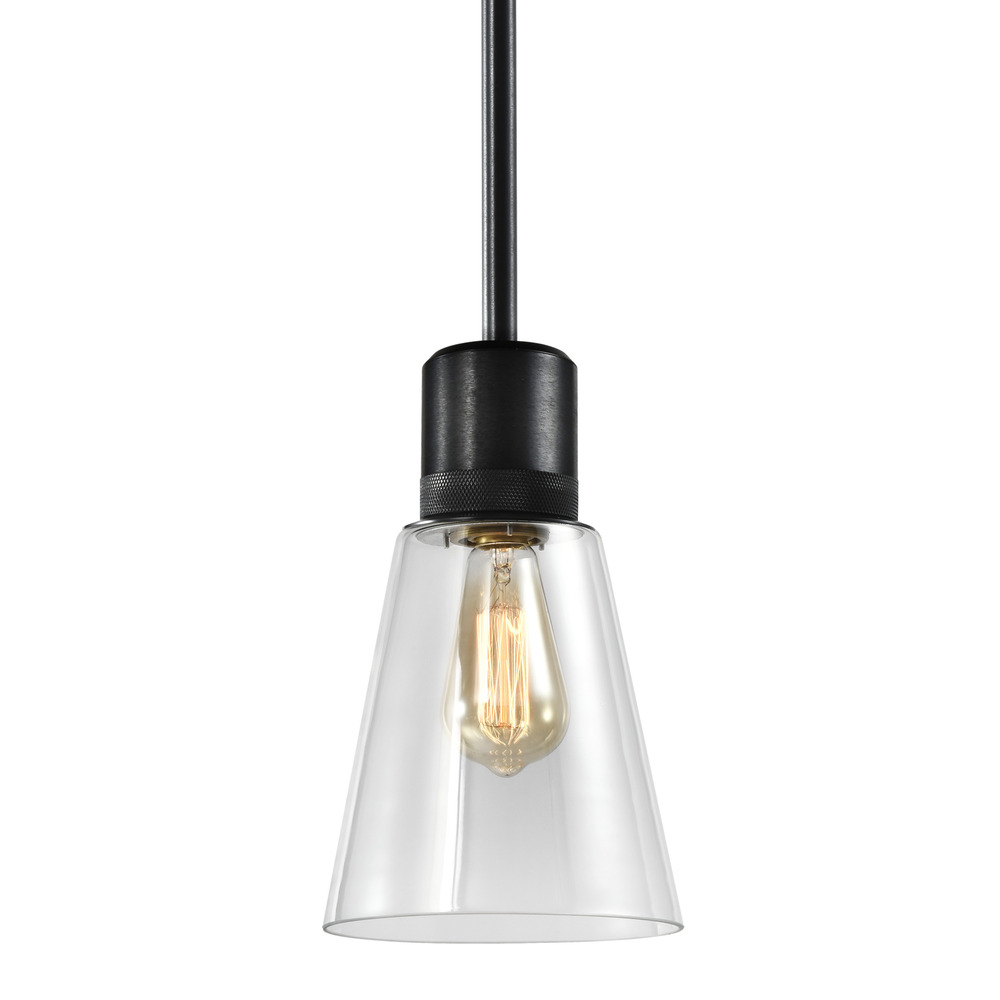 7&#34; E26 Clear Bell Glass Pendant Light, Satin Brushed Black Metal Finish