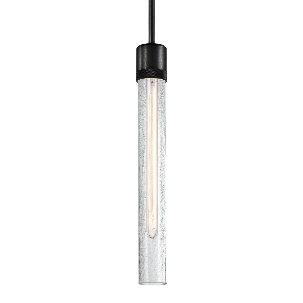 3&#34; E26 Cylindrical Pendant Light, 18&#34; Crackled Glass and Satin Brushed Black Finish