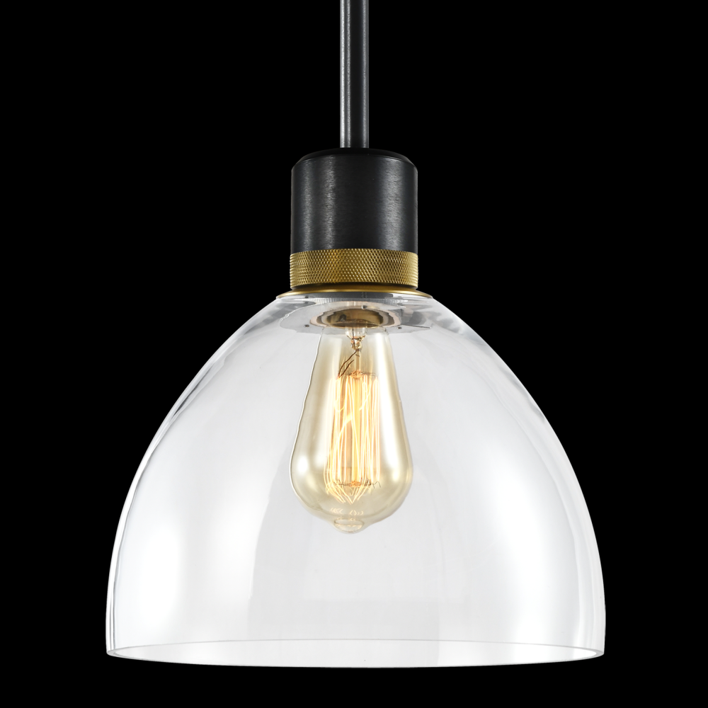 10&#34; E26 Clear Dome Glass Pendant Light and Satin Brushed Black with Brass Metal Finish