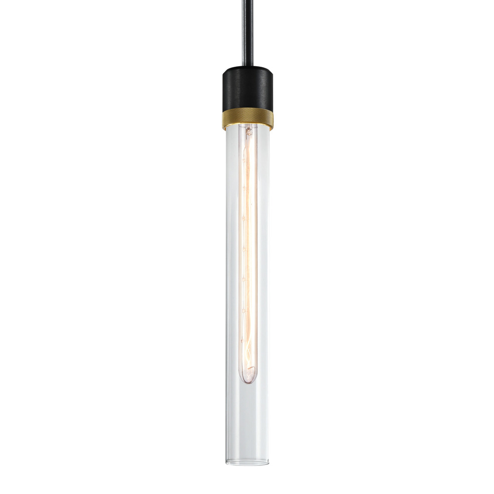 3&#34; E26 Cylindrical Pendant Light, 18&#34; Clear Glass and Satin Brushed Black with Brass Finish