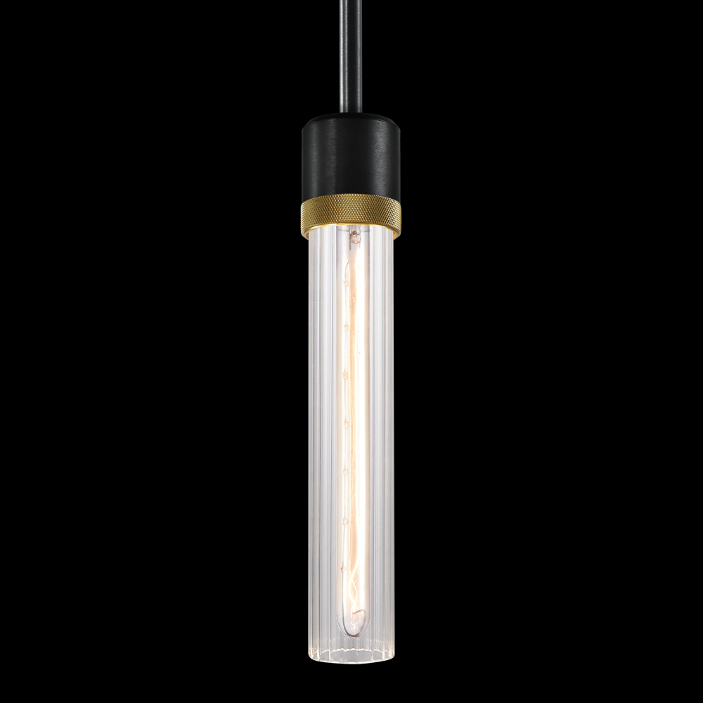 3&#34; E26 Cylindrical Pendant Light, 12&#34; Fluted Glass and Satin Brushed Black with Brass Finish